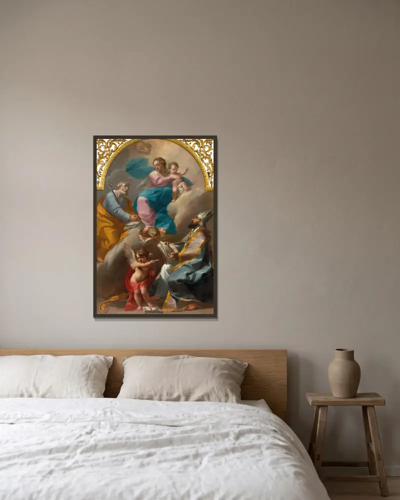 The Holy Family with Saint Augustine av Gaetano Gandolfi inramad på en vägg