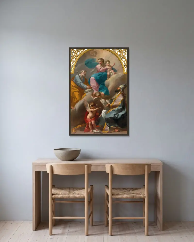 The Holy Family with Saint Augustine av Gaetano Gandolfi inramad på en vägg