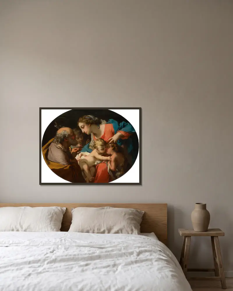 The Holy Family with the Infant Saint John the Baptist and an angel av Gaetano Gandolfi inramad på en vägg
