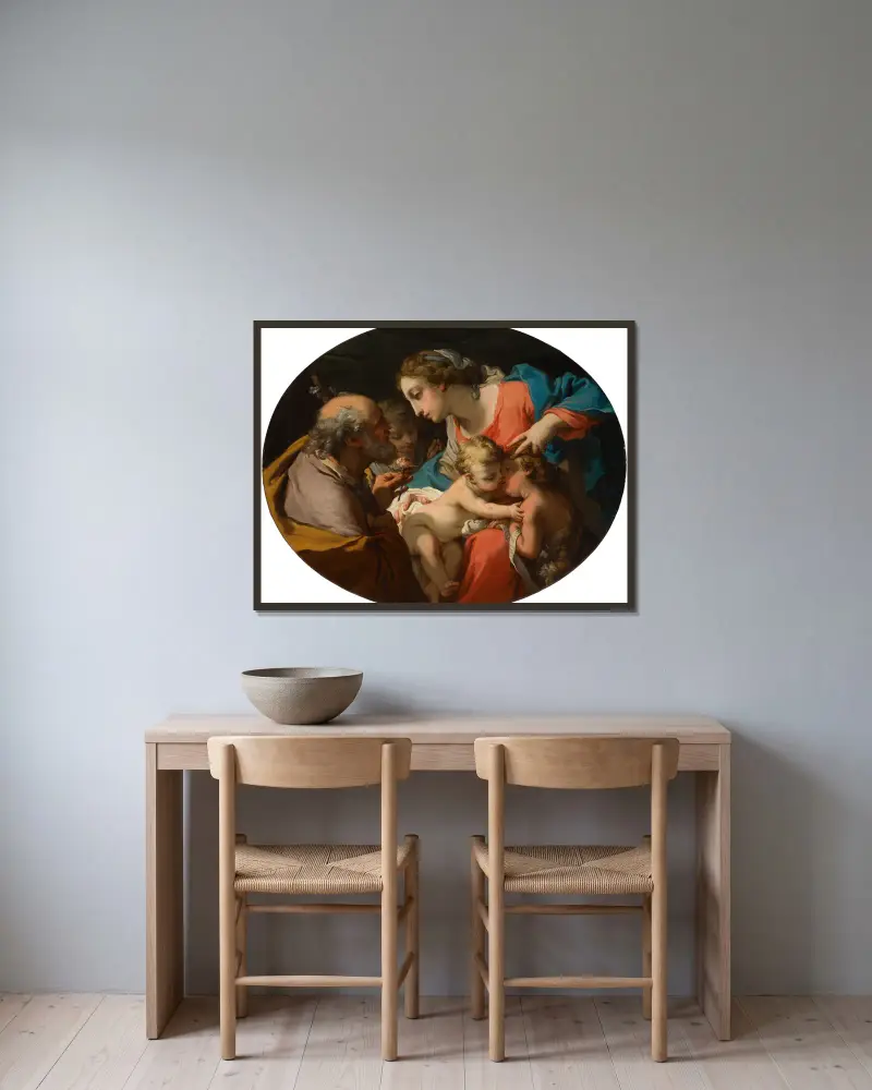 The Holy Family with the Infant Saint John the Baptist and an angel av Gaetano Gandolfi inramad på en vägg