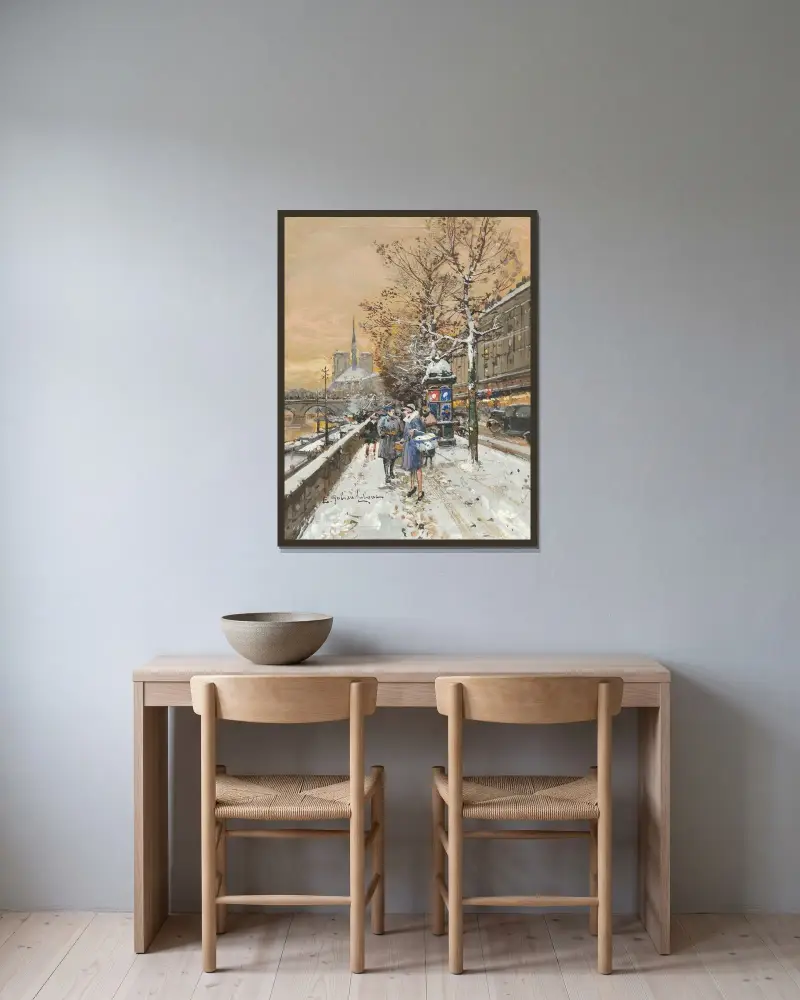 En träff vid Seinen av Eugène Galien-Laloue inramad på en vägg