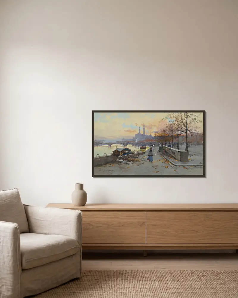 Au Quai av Eugène Galien-Laloue inramad på en vägg