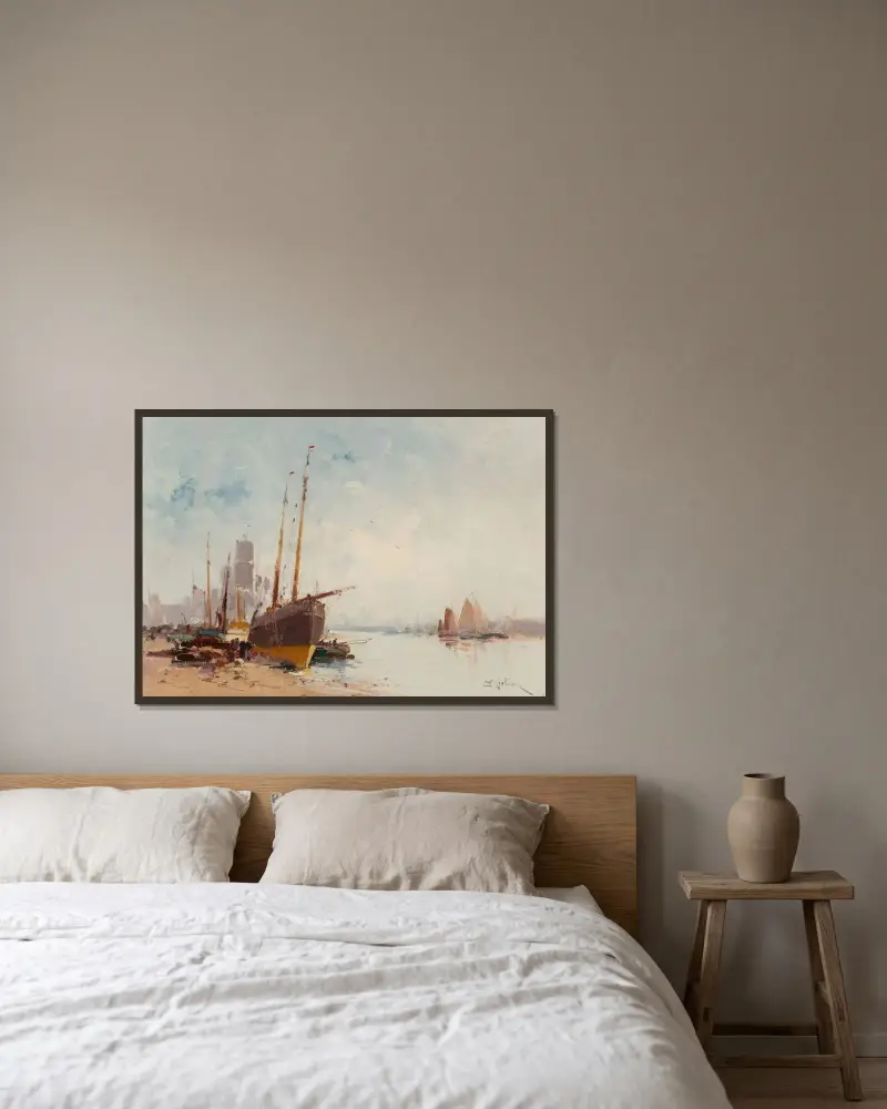 Båtar i hamn av Eugène Galien-Laloue inramad på en vägg