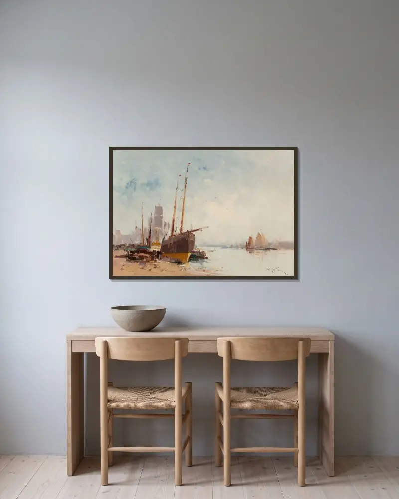 Båtar i hamn av Eugène Galien-Laloue inramad på en vägg