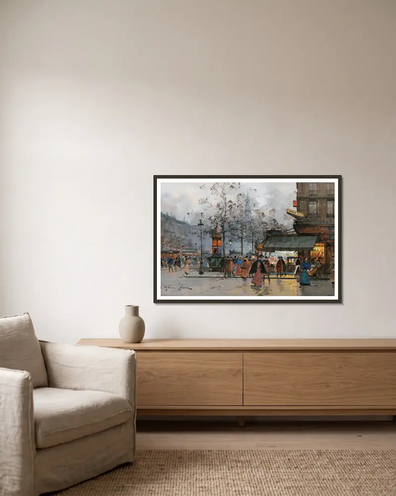 Boulevard Animé À Paris av Eugène Galien-Laloue inramad på en vägg