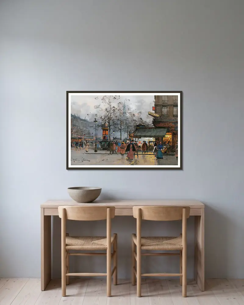 Boulevard Animé À Paris av Eugène Galien-Laloue inramad på en vägg