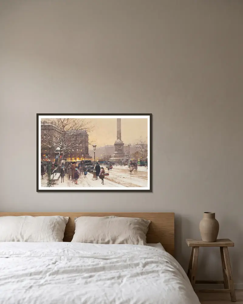 Figures in the snow, the Place de Concorde, Paris av Eugène Galien-Laloue inramad på en vägg