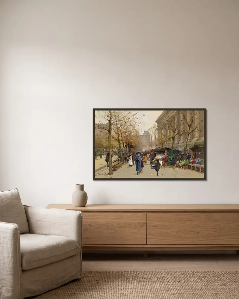 Blomstermarknad, La Madeleine av Eugène Galien-Laloue inramad på en vägg