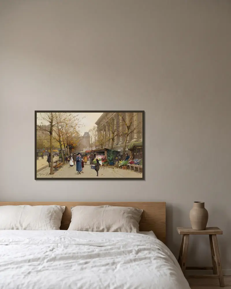 Blomstermarknad, La Madeleine av Eugène Galien-Laloue inramad på en vägg