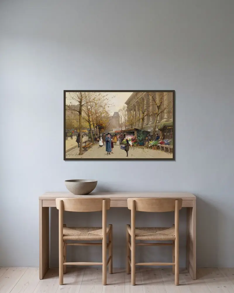Blomstermarknad, La Madeleine av Eugène Galien-Laloue inramad på en vägg