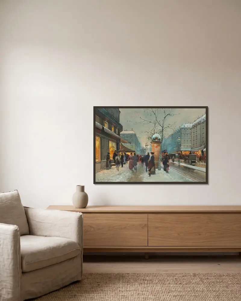 Grands Boulevards sous la neige à la tombée de la nuit av Eugène Galien-Laloue inramad på en vägg