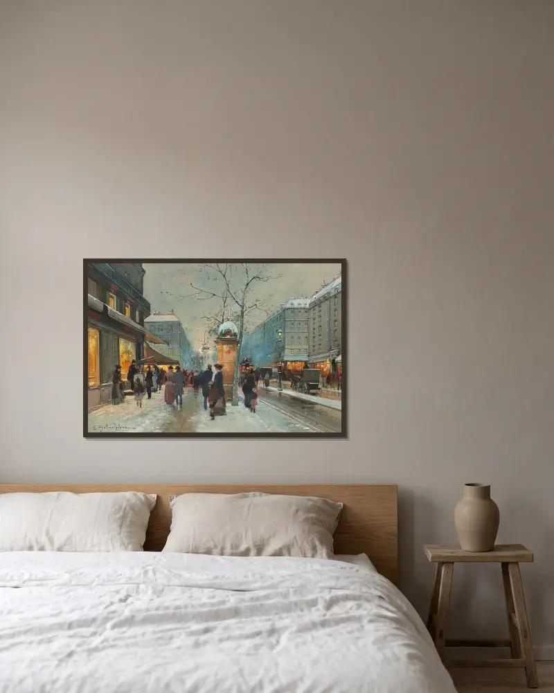 Grands Boulevards sous la neige à la tombée de la nuit av Eugène Galien-Laloue inramad på en vägg