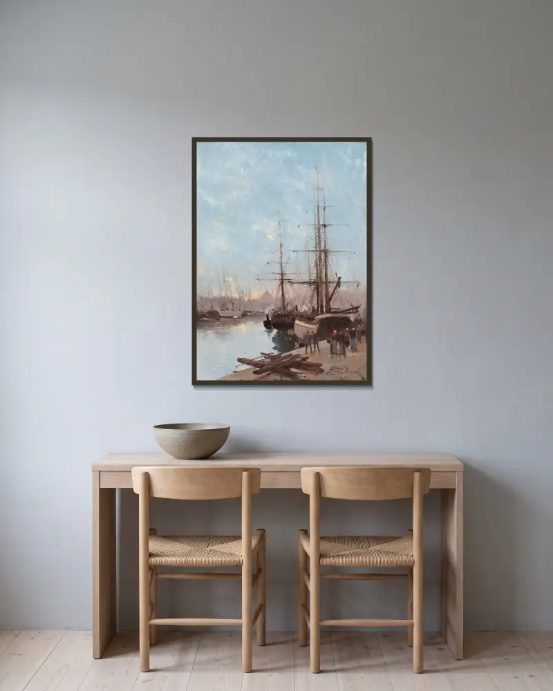 Hamnscen av Eugène Galien-Laloue inramad på en vägg