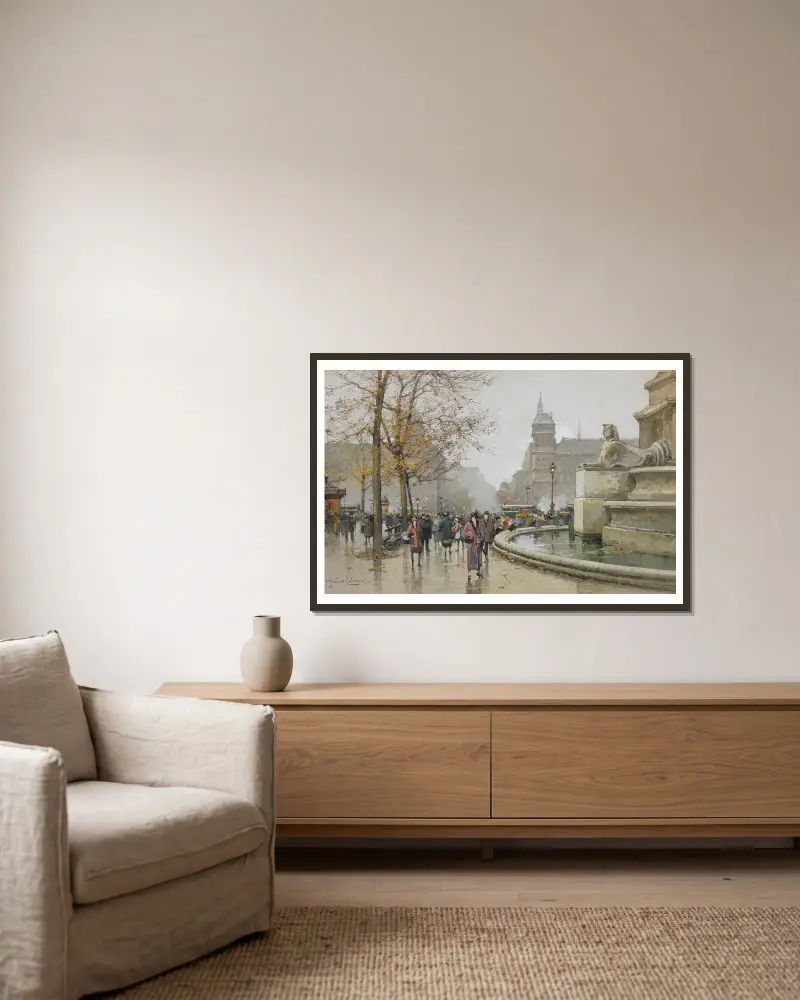 La fontaine du Palmier, place du Châtelet av Eugène Galien-Laloue inramad på en vägg