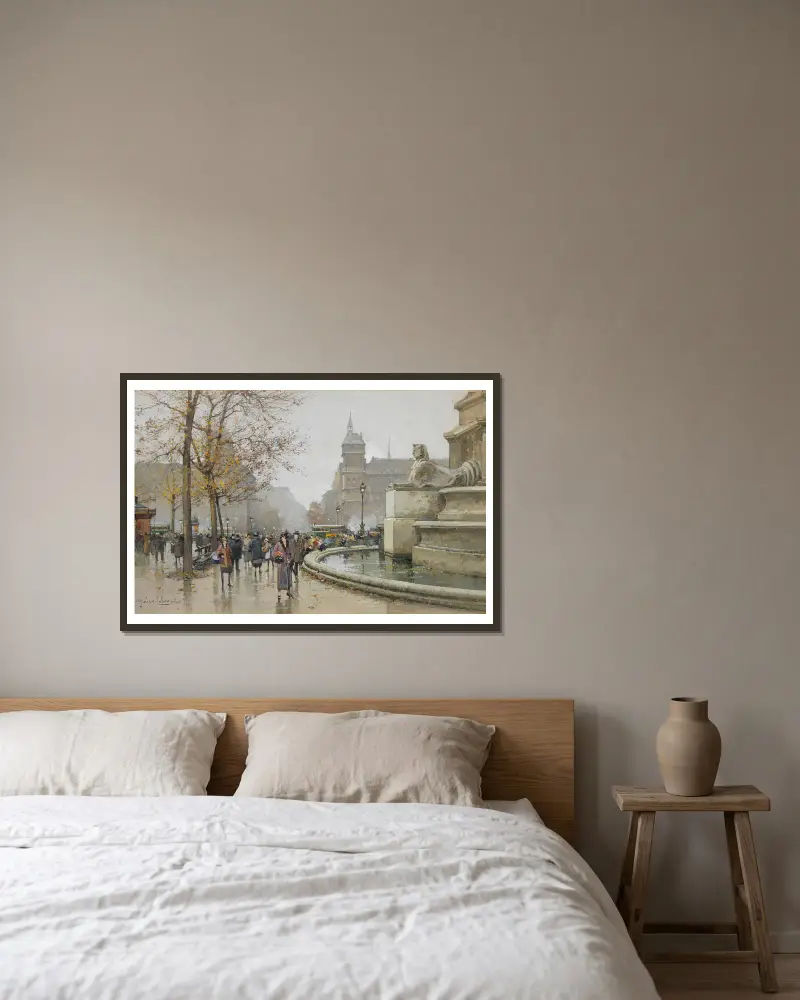 La fontaine du Palmier, place du Châtelet av Eugène Galien-Laloue inramad på en vägg