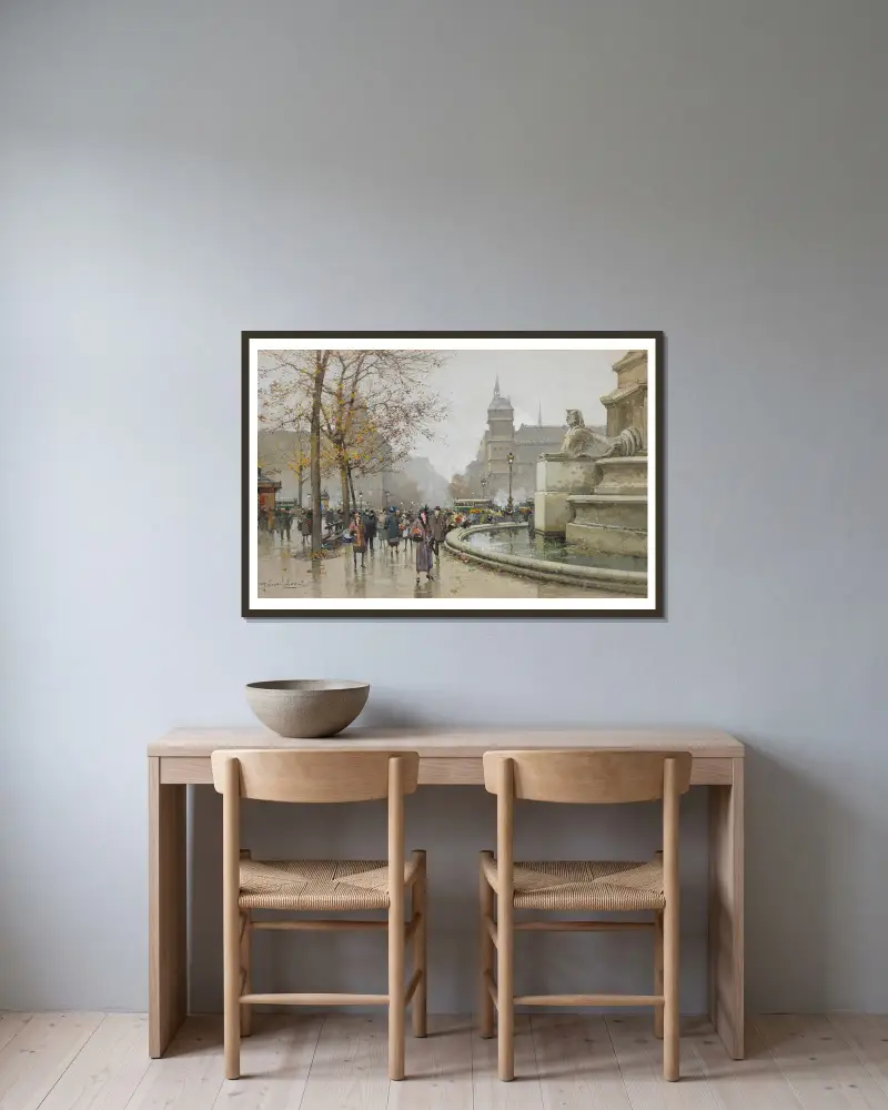 La fontaine du Palmier, place du Châtelet av Eugène Galien-Laloue inramad på en vägg