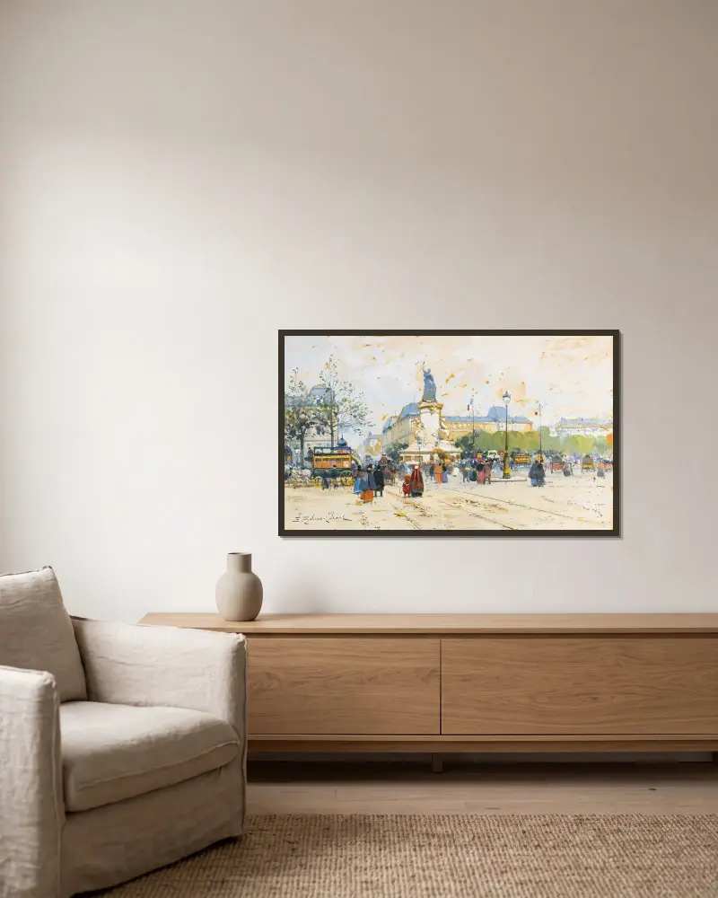 La Place De La République av Eugène Galien-Laloue inramad på en vägg