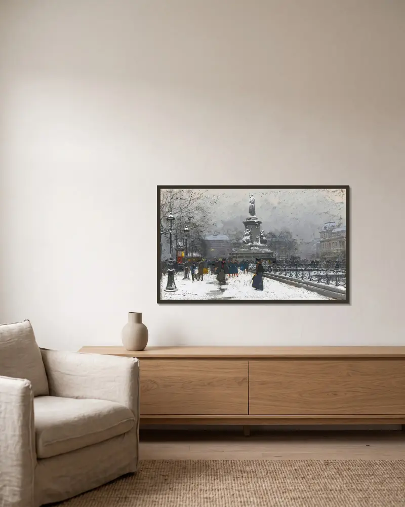 Place de la République (Snö) av Eugène Galien-Laloue inramad på en vägg