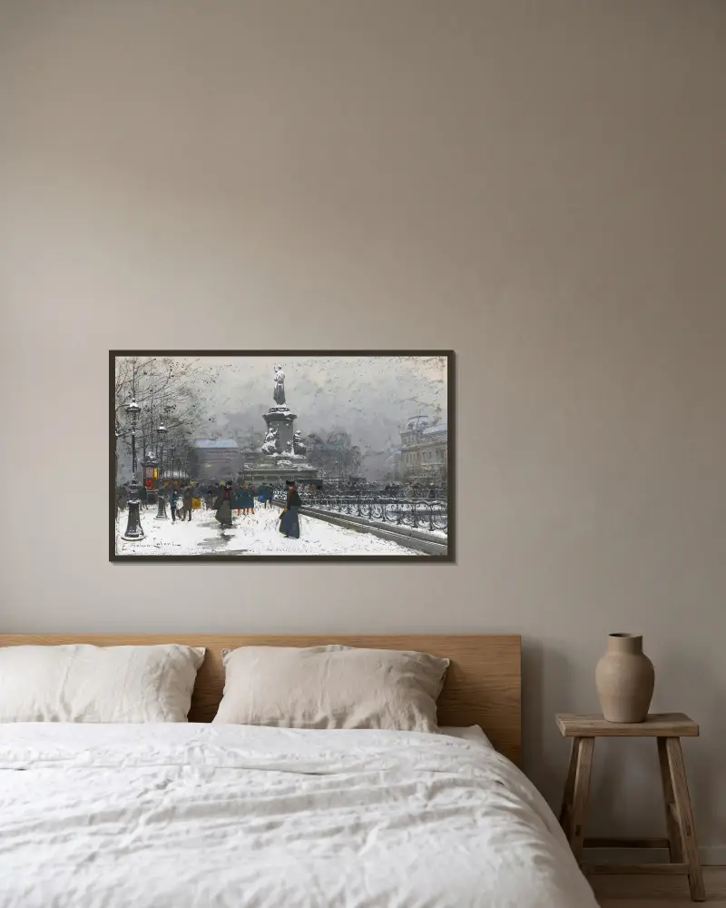 Place de la République (Snö) av Eugène Galien-Laloue inramad på en vägg