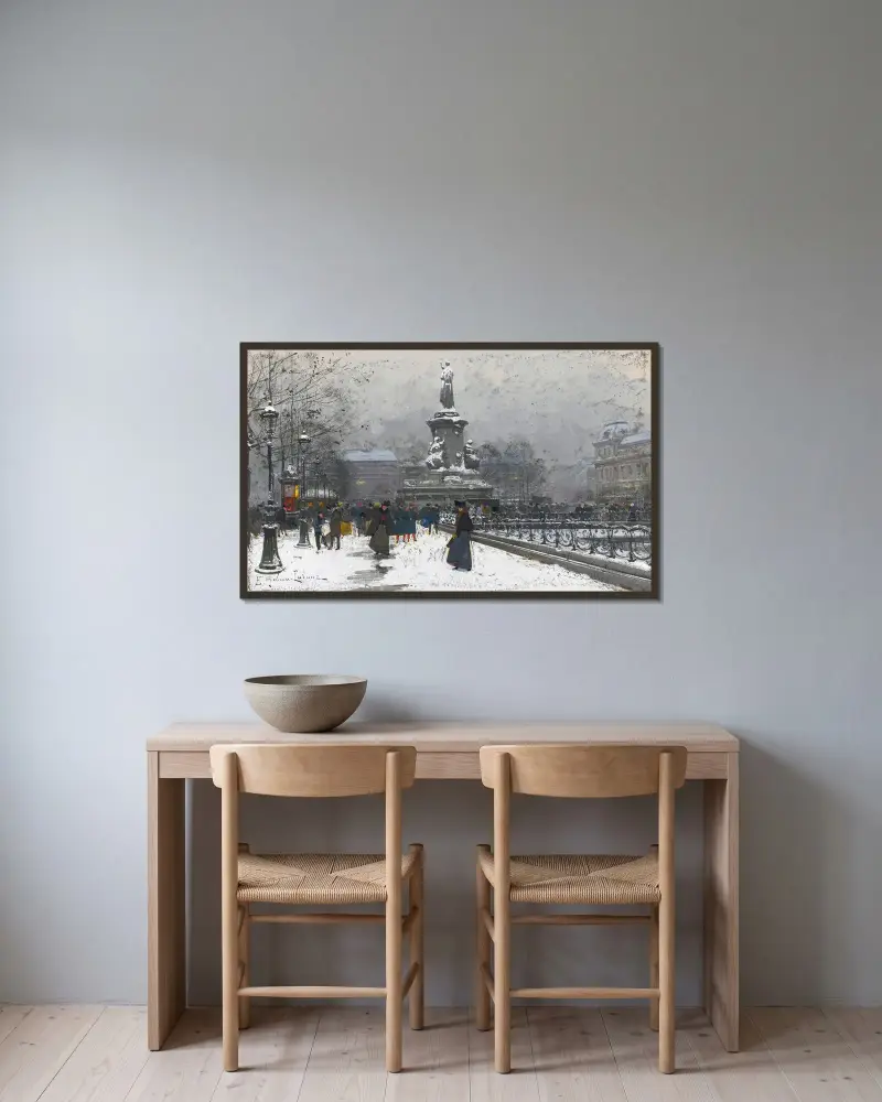 Place de la République (Snö) av Eugène Galien-Laloue inramad på en vägg