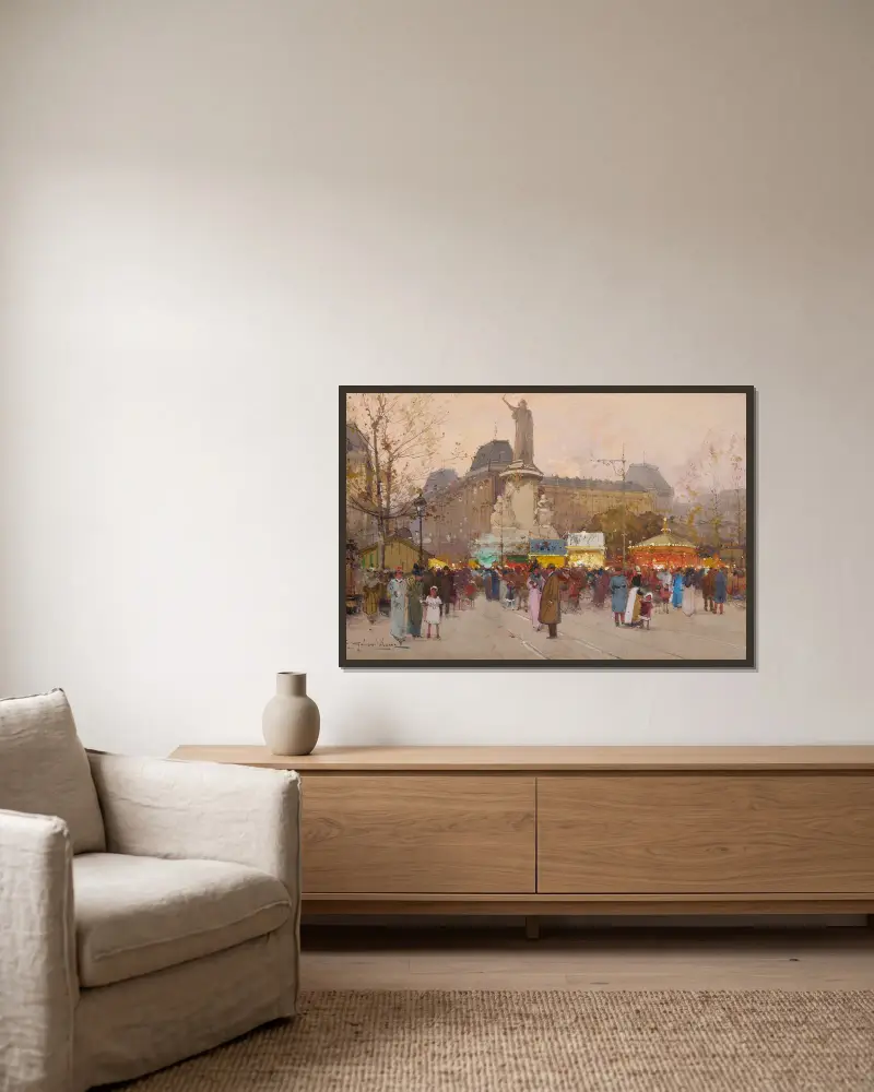La Place du Republic, Paris av Eugène Galien-Laloue inramad på en vägg