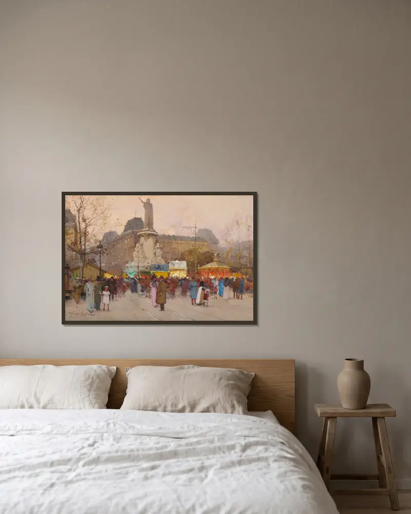 La Place du Republic, Paris av Eugène Galien-Laloue inramad på en vägg