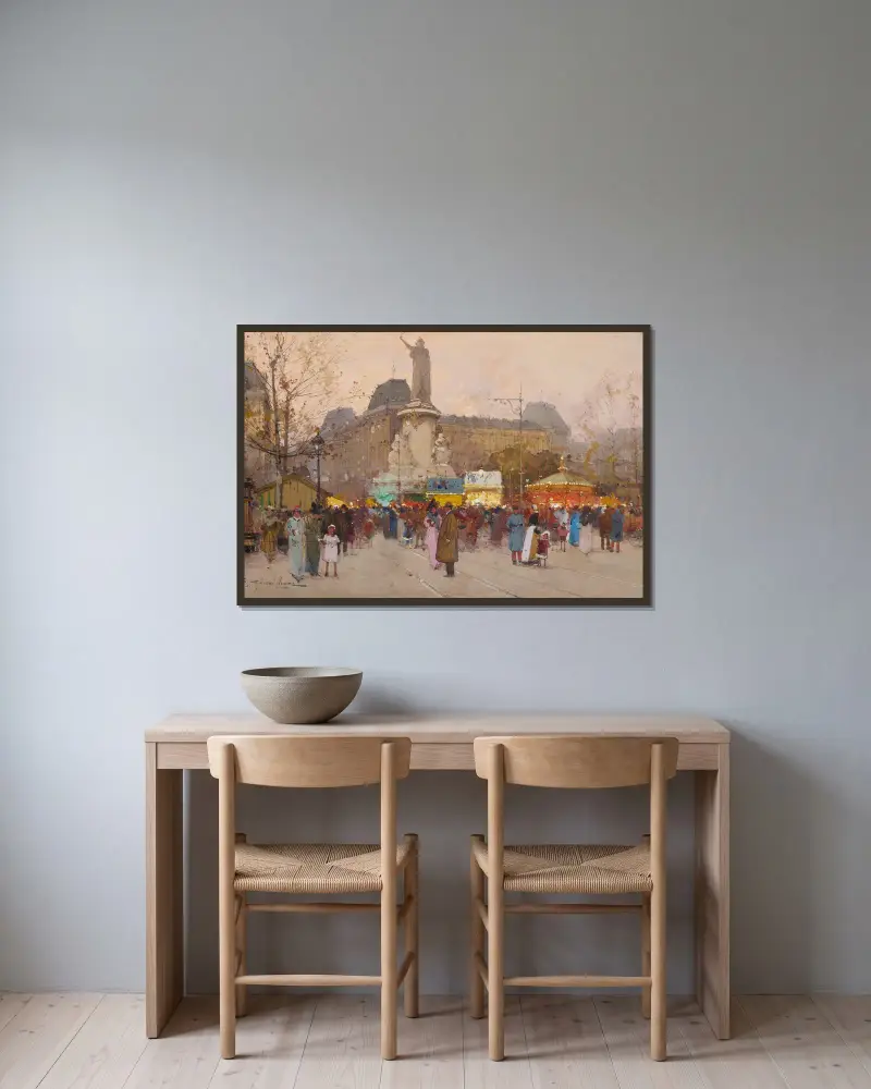 La Place du Republic, Paris av Eugène Galien-Laloue inramad på en vägg