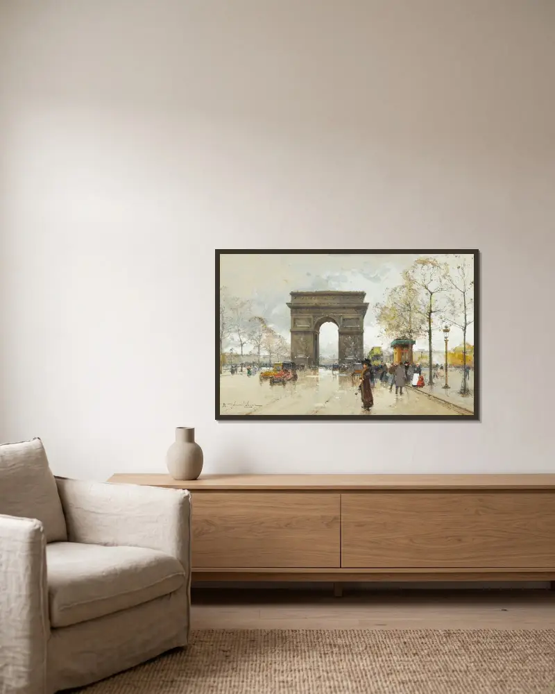L’arc De Triomphe av Eugène Galien-Laloue inramad på en vägg