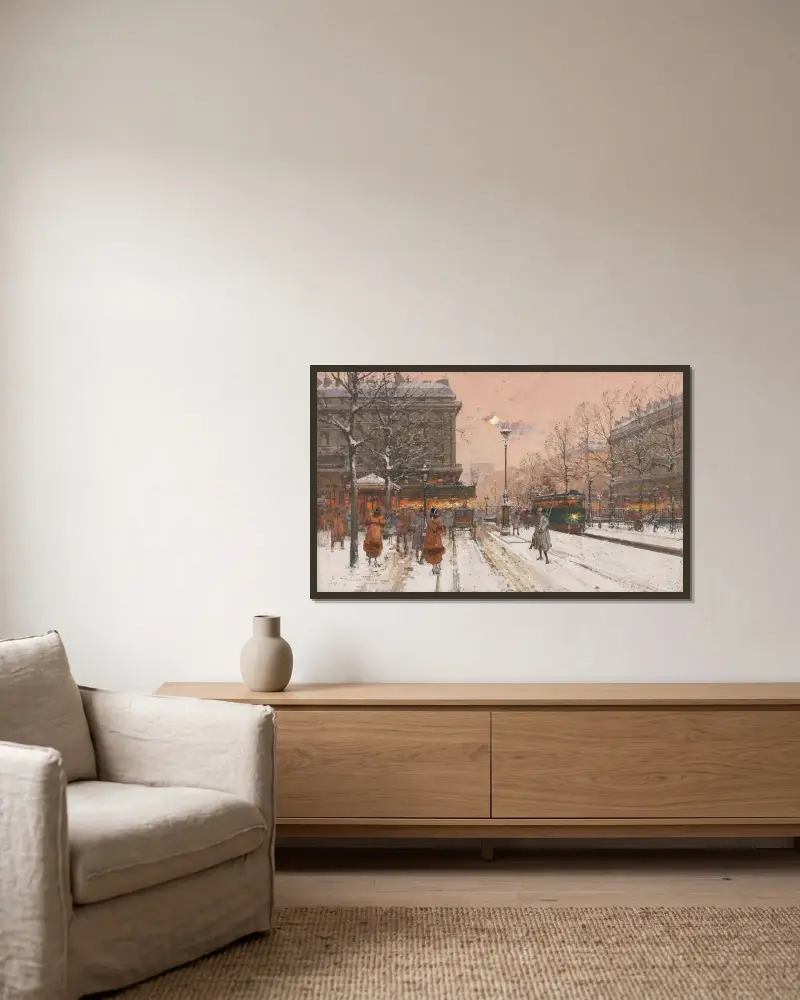 Stora boulevarden under snön av Eugène Galien-Laloue inramad på en vägg