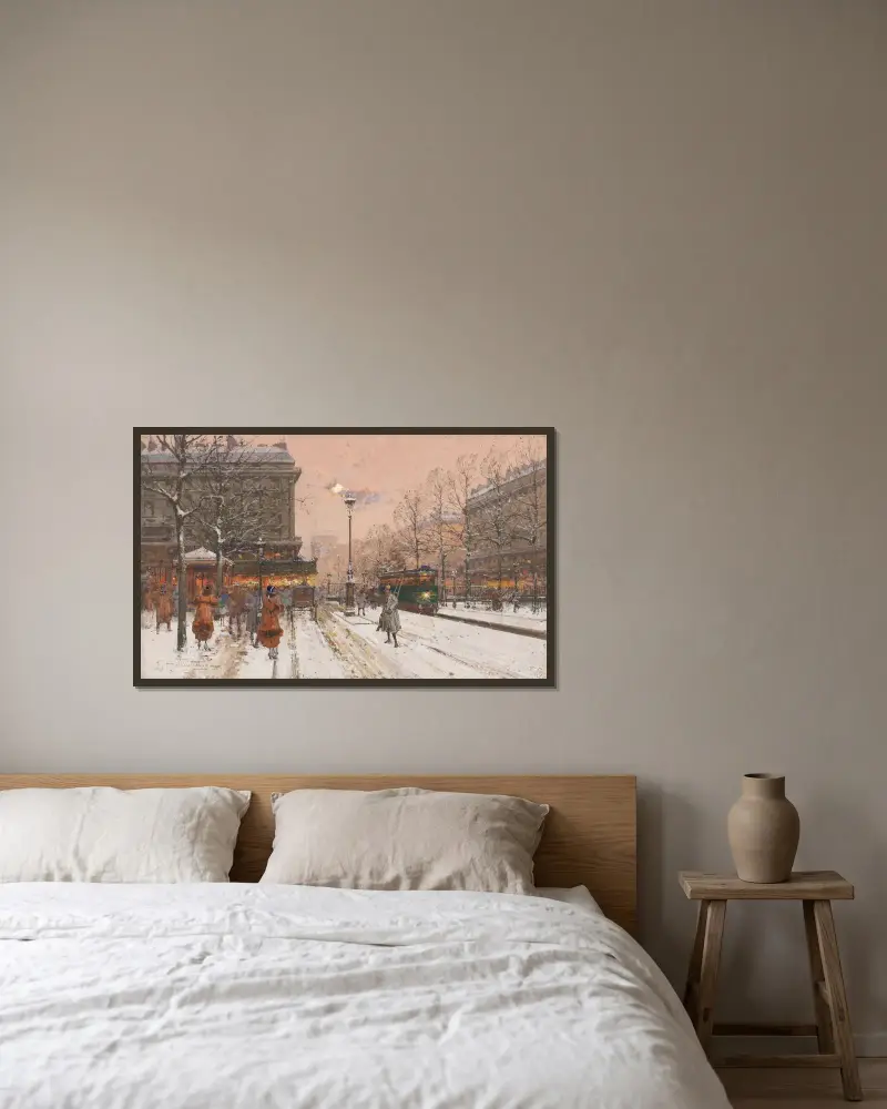 Stora boulevarden under snön av Eugène Galien-Laloue inramad på en vägg