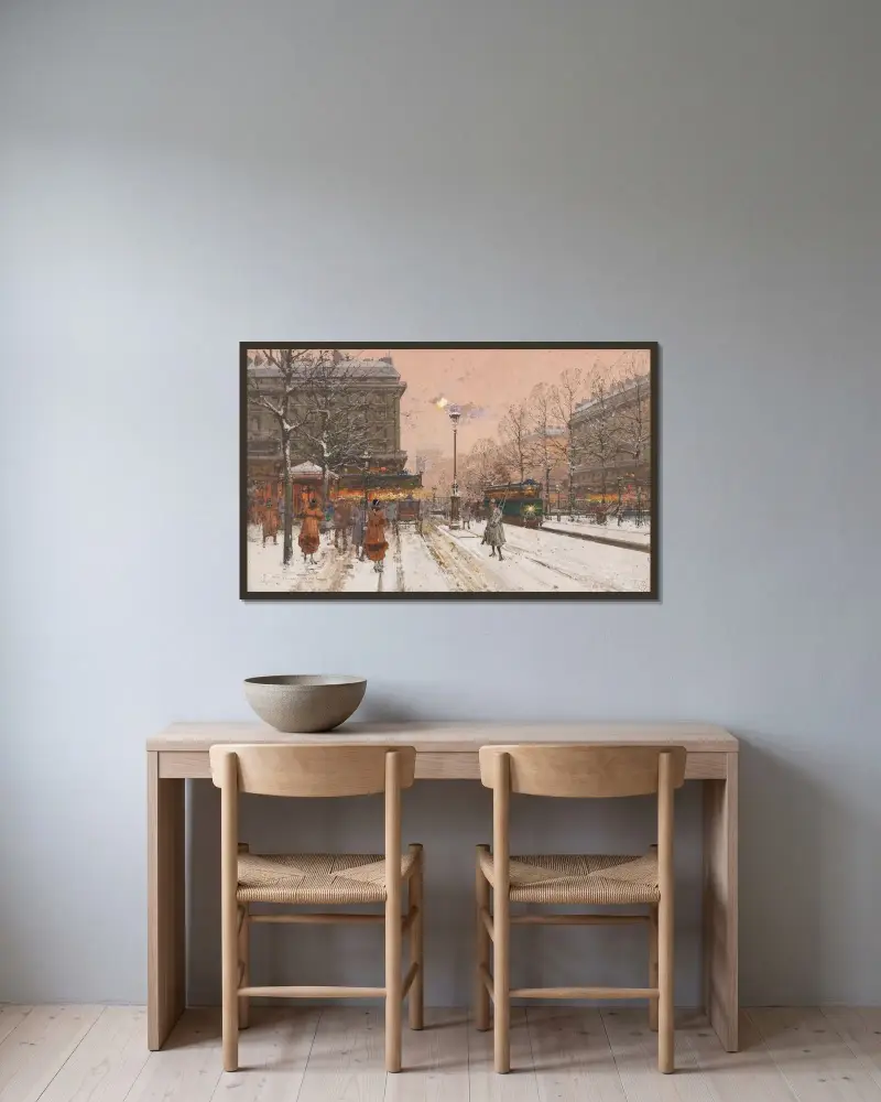 Stora boulevarden under snön av Eugène Galien-Laloue inramad på en vägg