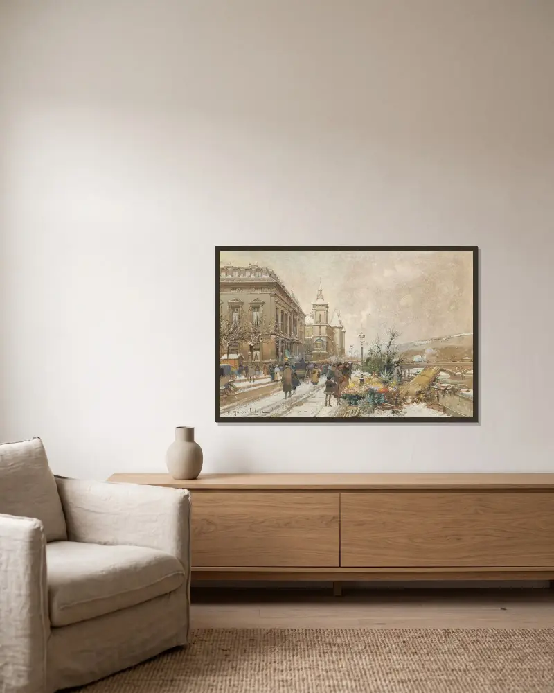 Blomstermarknaden av Eugène Galien-Laloue inramad på en vägg