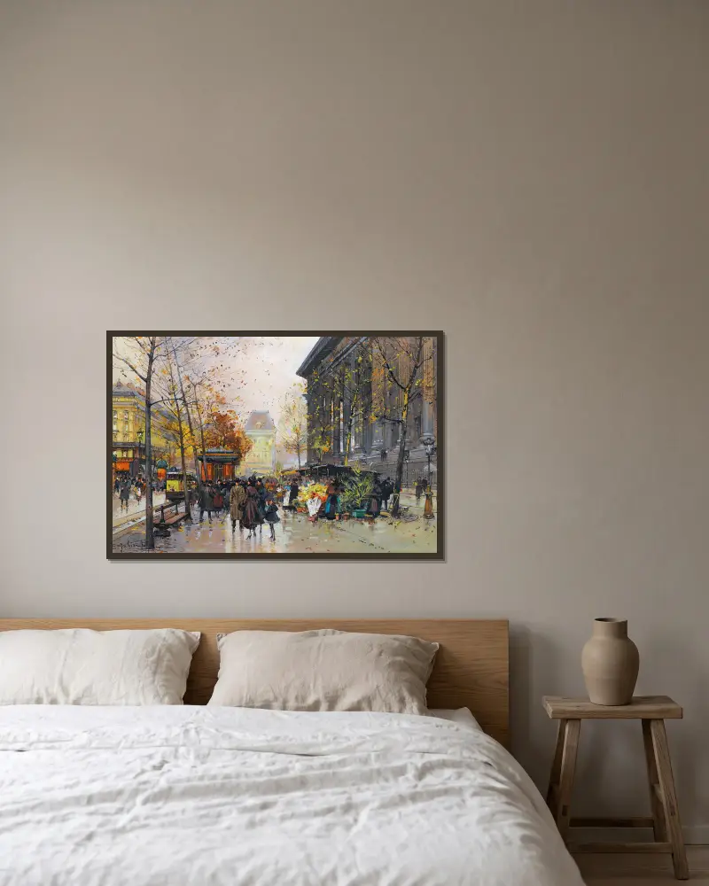 Le Marché Aux Fleurs, La Madeleine av Eugène Galien-Laloue inramad på en vägg