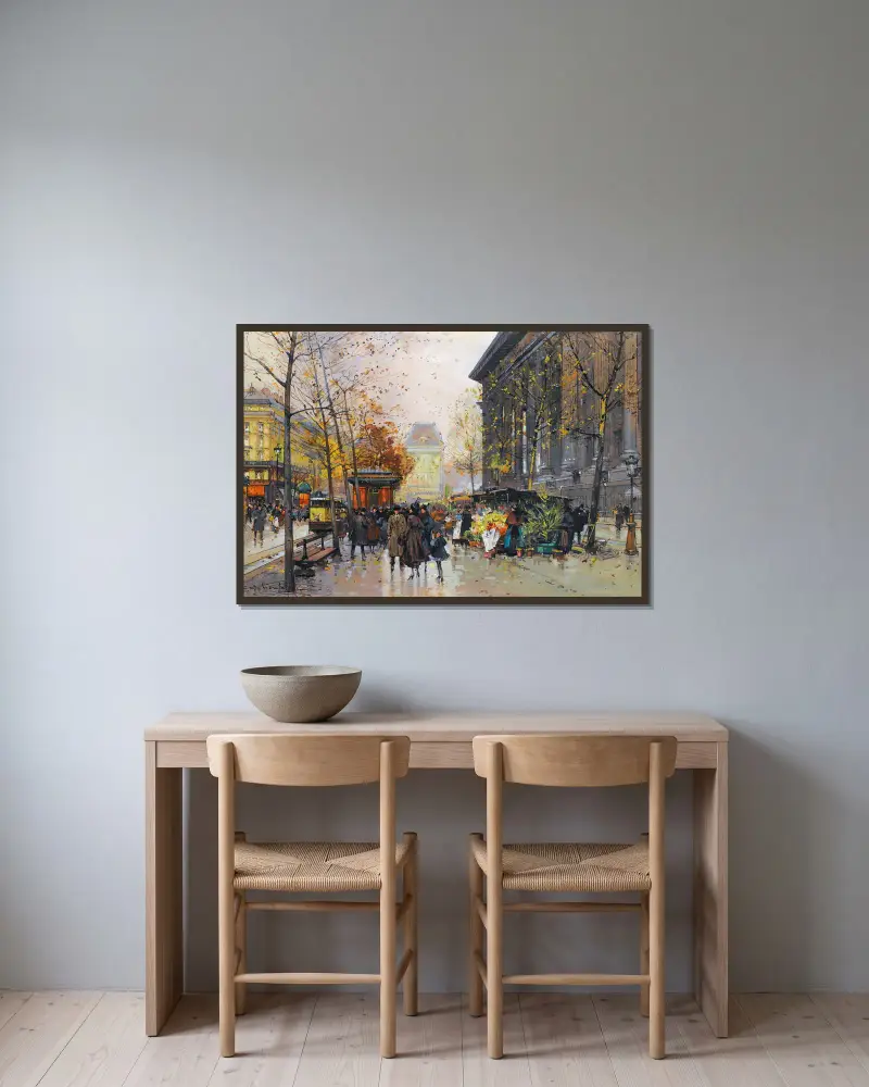 Le Marché Aux Fleurs, La Madeleine av Eugène Galien-Laloue inramad på en vägg