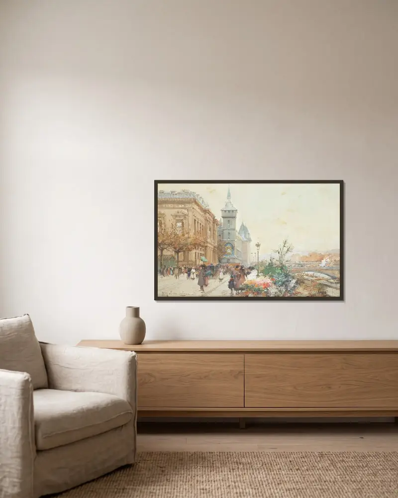 Blomstermarknaden av Eugène Galien-Laloue inramad på en vägg