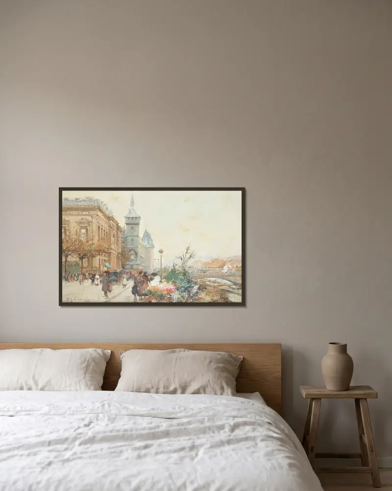 Blomstermarknaden av Eugène Galien-Laloue inramad på en vägg