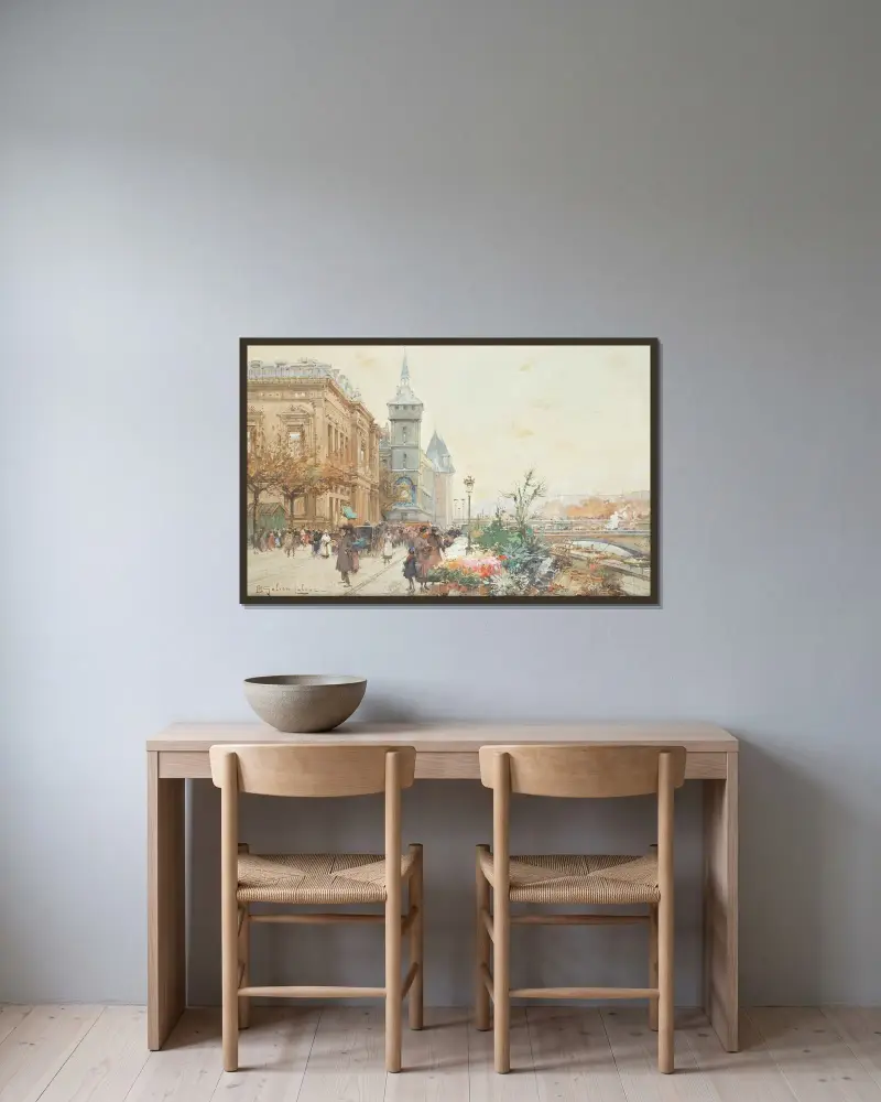 Blomstermarknaden av Eugène Galien-Laloue inramad på en vägg