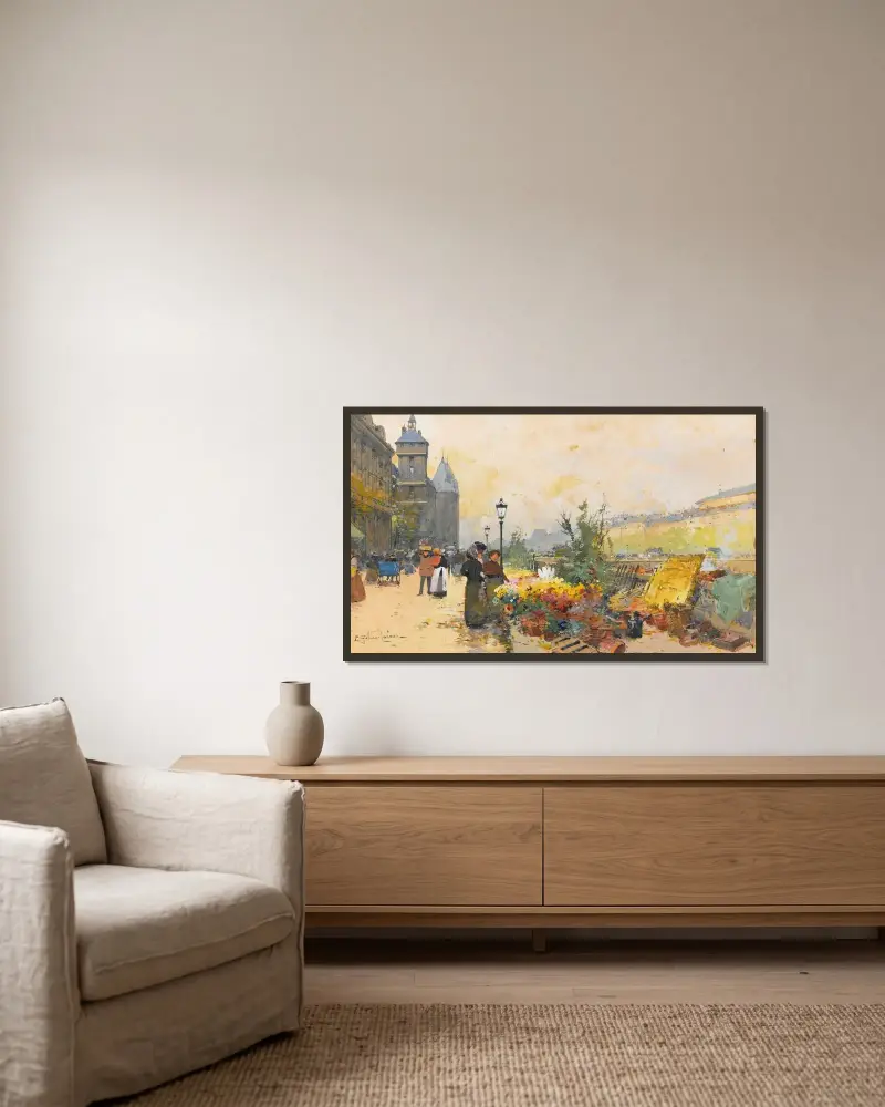 Blomstermarknaden vid Cité av Eugène Galien-Laloue inramad på en vägg