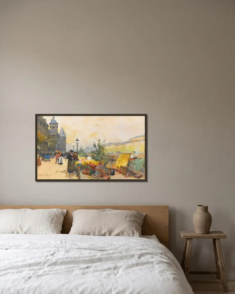 Blomstermarknaden vid Cité av Eugène Galien-Laloue inramad på en vägg