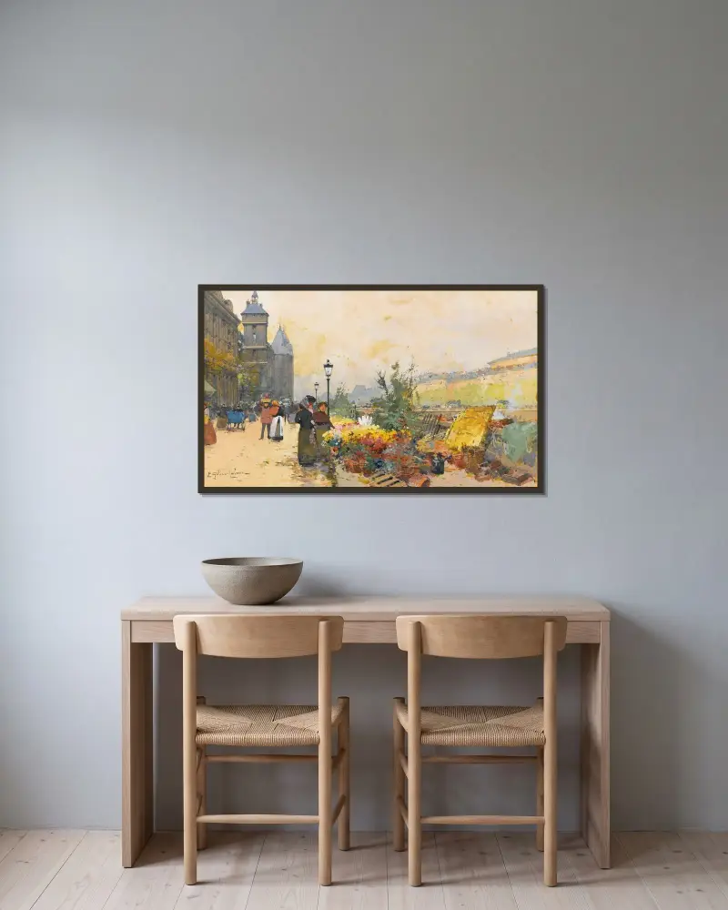 Blomstermarknaden vid Cité av Eugène Galien-Laloue inramad på en vägg