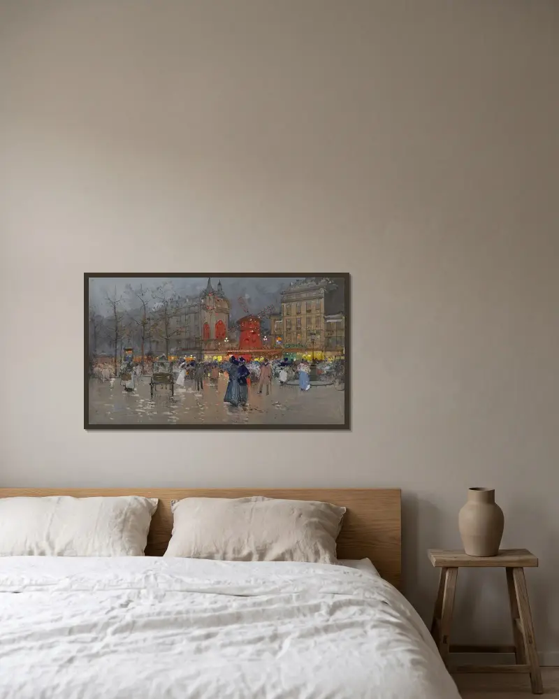 Le Moulin Rouge, Paris av Eugène Galien-Laloue inramad på en vägg