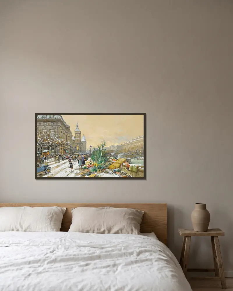 Blomsterkajen och Conciergerie av Eugène Galien-Laloue inramad på en vägg