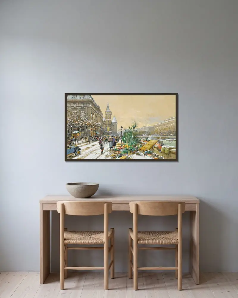 Blomsterkajen och Conciergerie av Eugène Galien-Laloue inramad på en vägg