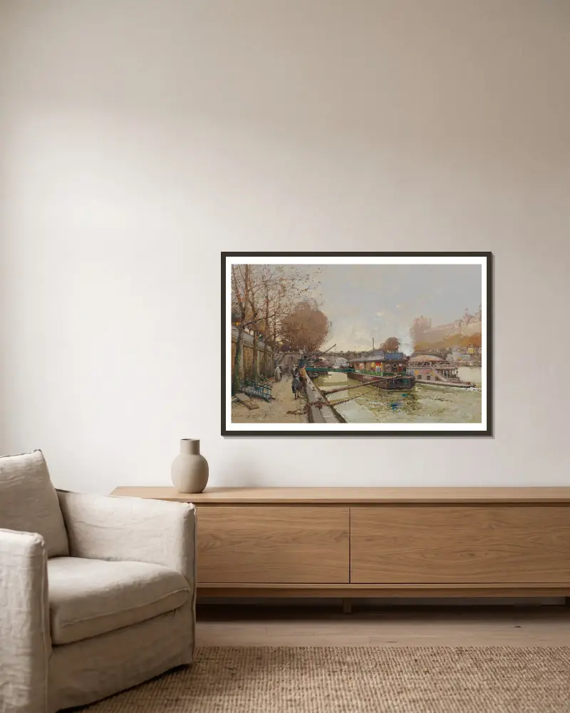 Le Quai de la Seine av Eugène Galien-Laloue inramad på en vägg