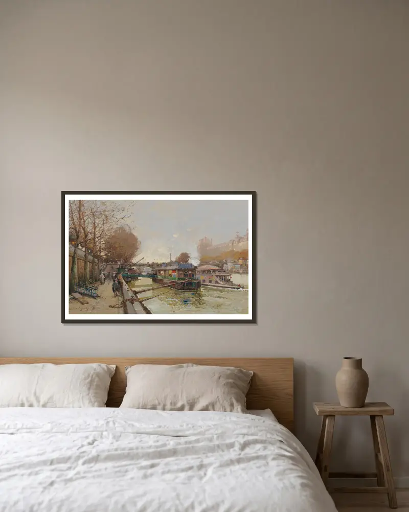 Le Quai de la Seine av Eugène Galien-Laloue inramad på en vägg
