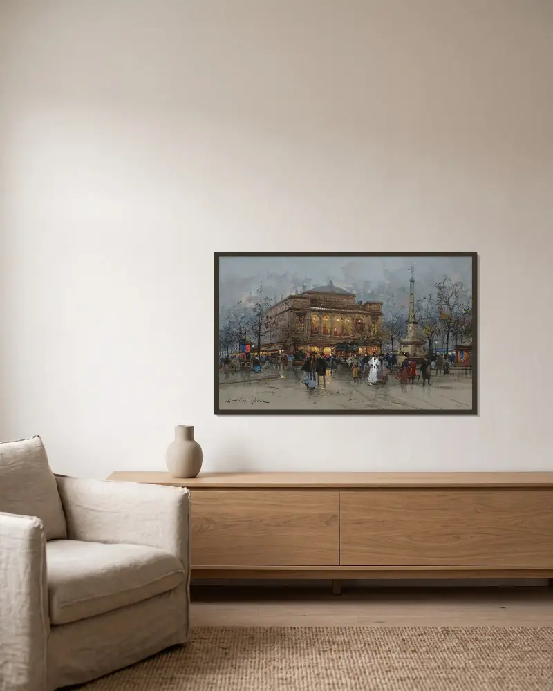 Le Théâtre du Châtelet, Paris av Eugène Galien-Laloue inramad på en vägg