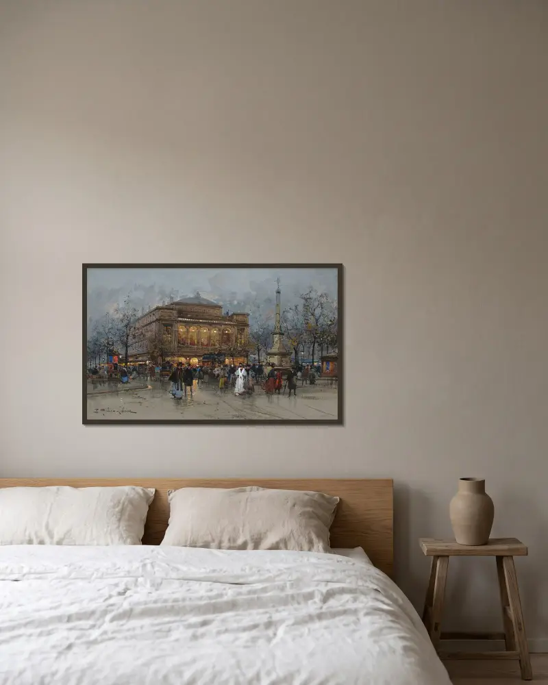 Le Théâtre du Châtelet, Paris av Eugène Galien-Laloue inramad på en vägg