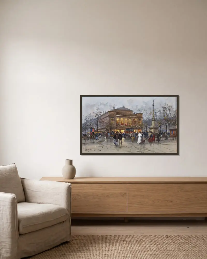 Le Théâtre Du Châtelet, Paris av Eugène Galien-Laloue inramad på en vägg