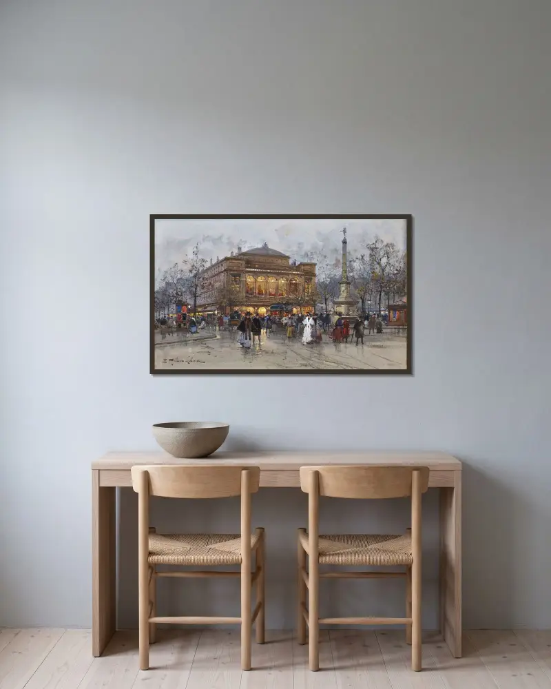 Le Théâtre Du Châtelet, Paris av Eugène Galien-Laloue inramad på en vägg