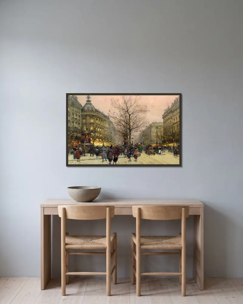 Les Grands Boulevards, Paris av Eugène Galien-Laloue inramad på en vägg